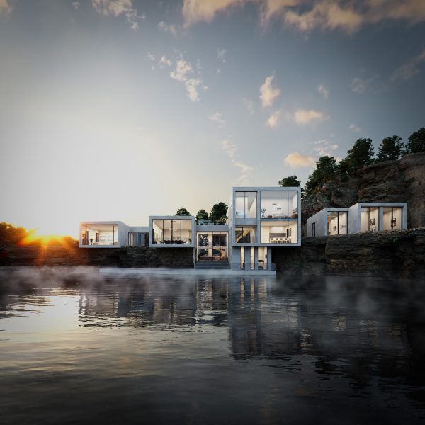 Realistic visualisation of a residential private development overlooking water at St Andrews Quarry near Cardiff.
