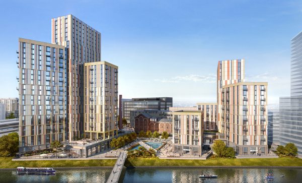 Digital CGI representation of how the Central Quay masterplan in Cardiff, Wales might look like. Designed by Rio Architects, the masterplan achieved planning permission in 2022.